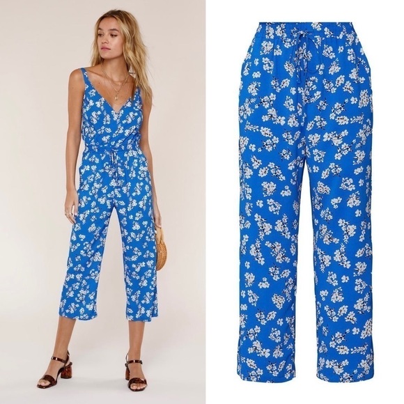 HEARTLOOM Floral Print Smocked Waist High Rise Wide Leg Ankle Cropped Trousers M - Picture 1 of 8